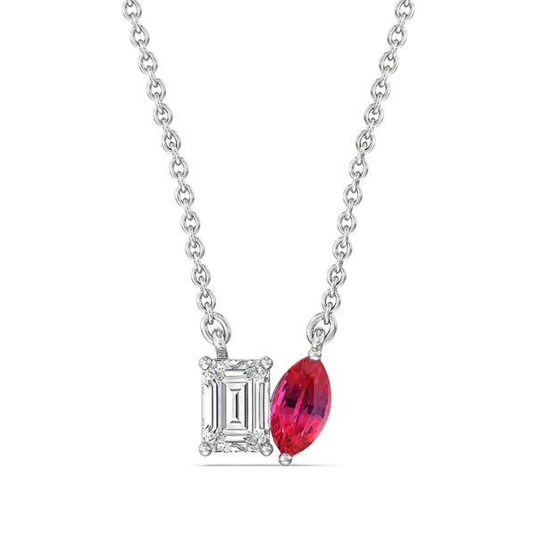 Emerald-Cut Moissanite And Marquise Ruby Necklace In Sterling Silver