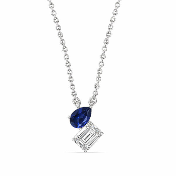 Emerald-Cut Moissanite And Pear Sapphire Necklace In Sterling Silver