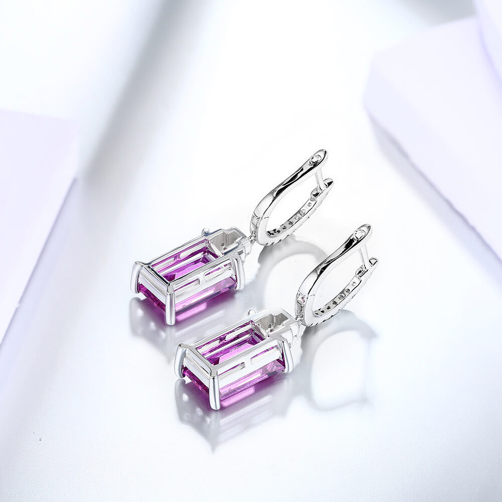 Emerald-Cut Purple Sapphire Drop Earrings In Sterling Silver - ReadYourHeart