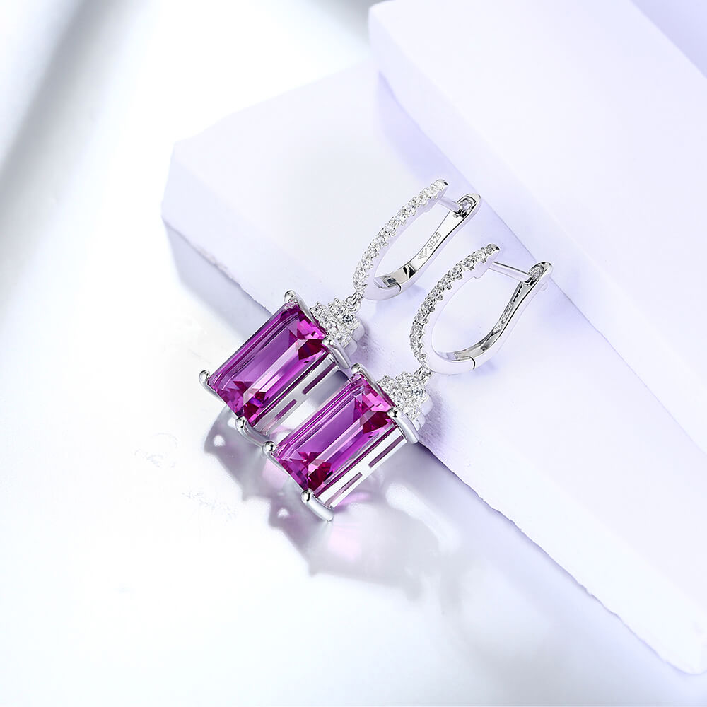 Emerald-Cut Purple Sapphire Drop Earrings In Sterling Silver - ReadYourHeart