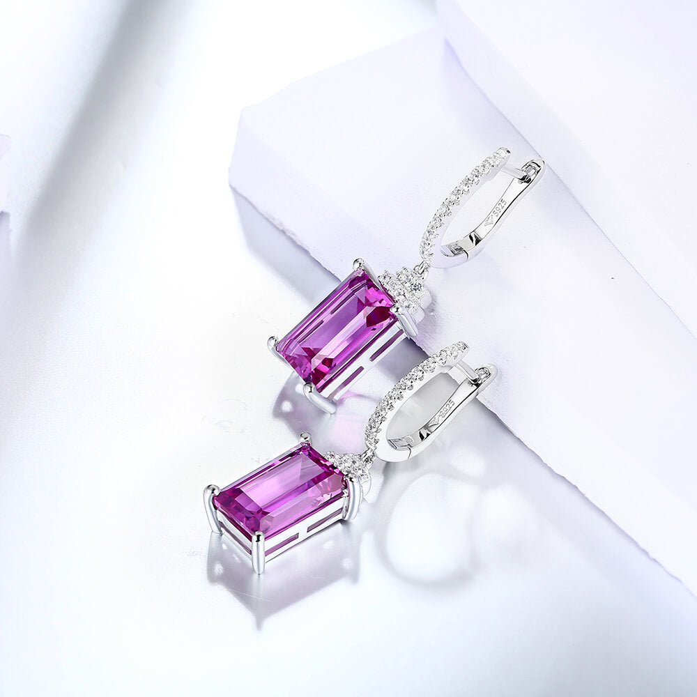 Emerald-Cut Purple Sapphire Drop Earrings In Sterling Silver - ReadYourHeart