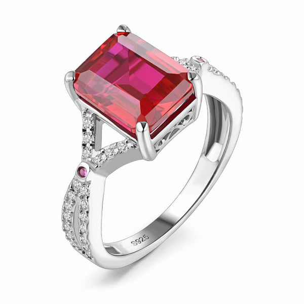 Emerald-Cut Ruby Cross Shank Pave Sterling Silver Ring