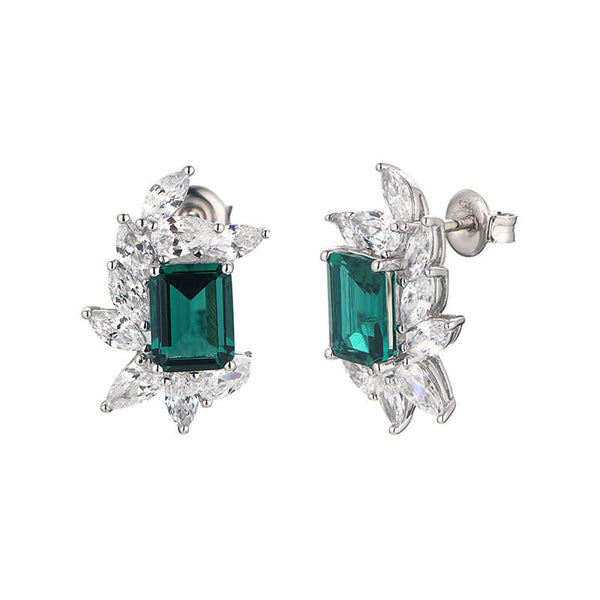 Emerald Cluster Marquise Accents Sterling Silver Stud Earrings - ReadYourHeart