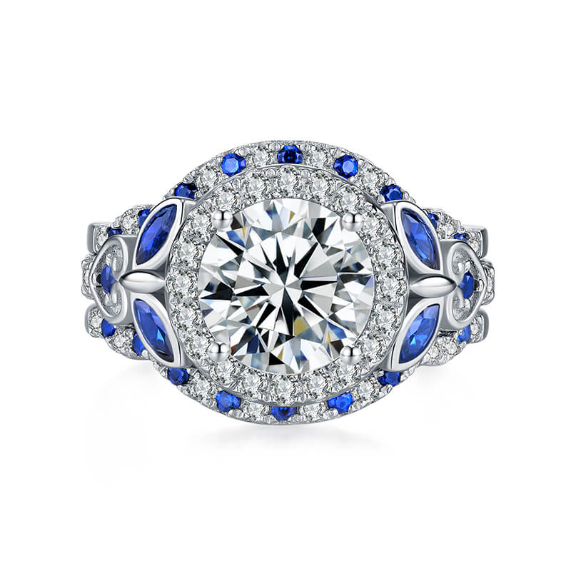 Enchanted Blossom Halo Moissanite with Blue Sapphires Engagement Ring Set ,RRL-FA1C925-1,RRL-FA1C925-2,RRL-FA1C925-3