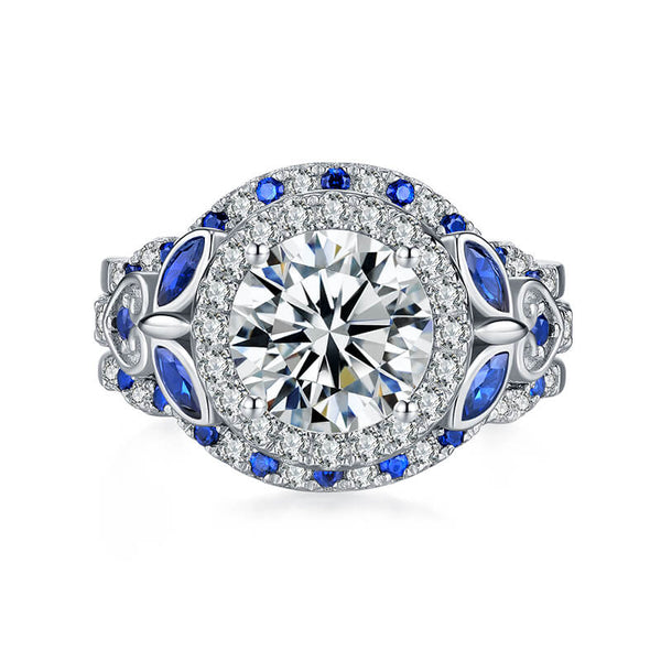 Enchanted Blossom Halo Moissanite with Blue Sapphires Engagement Ring Set ,RRL-FA1C925-1,RRL-FA1C925-2,RRL-FA1C925-3