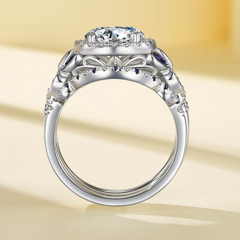 Enchanted Blossom Halo Moissanite with Blue Sapphires Engagement Ring Set ,RRL-FA1C925-1,RRL-FA1C925-2,RRL-FA1C925-3