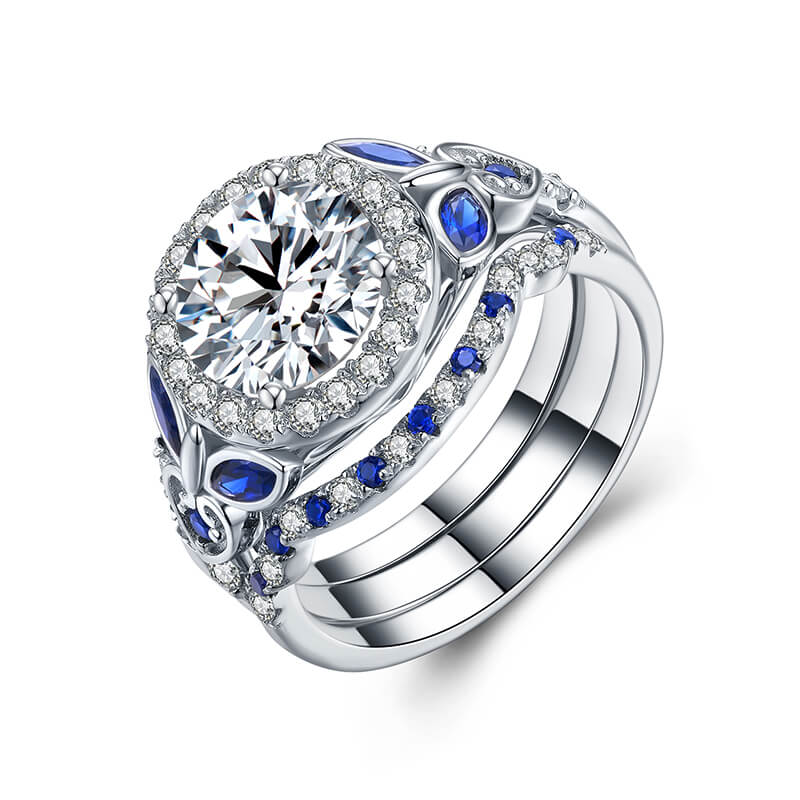Enchanted Blossom Halo Moissanite with Blue Sapphires Engagement Ring Set ,RRL-FA1C925-1,RRL-FA1C925-2,RRL-FA1C925-3