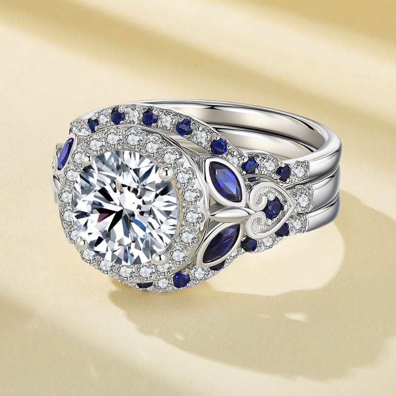 Enchanted Blossom Halo Moissanite with Blue Sapphires Engagement Ring Set ,RRL-FA1C925-1,RRL-FA1C925-2,RRL-FA1C925-3