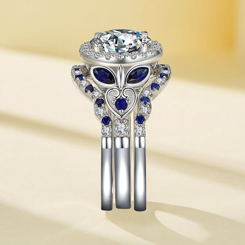 Enchanted Blossom Halo Moissanite with Blue Sapphires Engagement Ring Set ,RRL-FA1C925-1,RRL-FA1C925-2,RRL-FA1C925-3