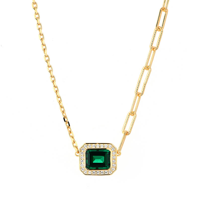 Fashion Halo Emerald Horizontal Necklace In Sterling Silver - ReadYourHeart