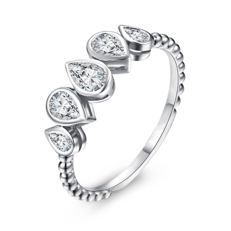 Five Pear Cut Bezel Moissanite Bead Shank Engagement Ring - ReadYourHeart