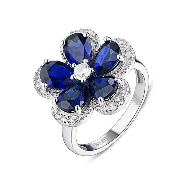 Five Petal Halo Pear Sapphire Flower Ring In Sterling Silver - ReadYourHeart