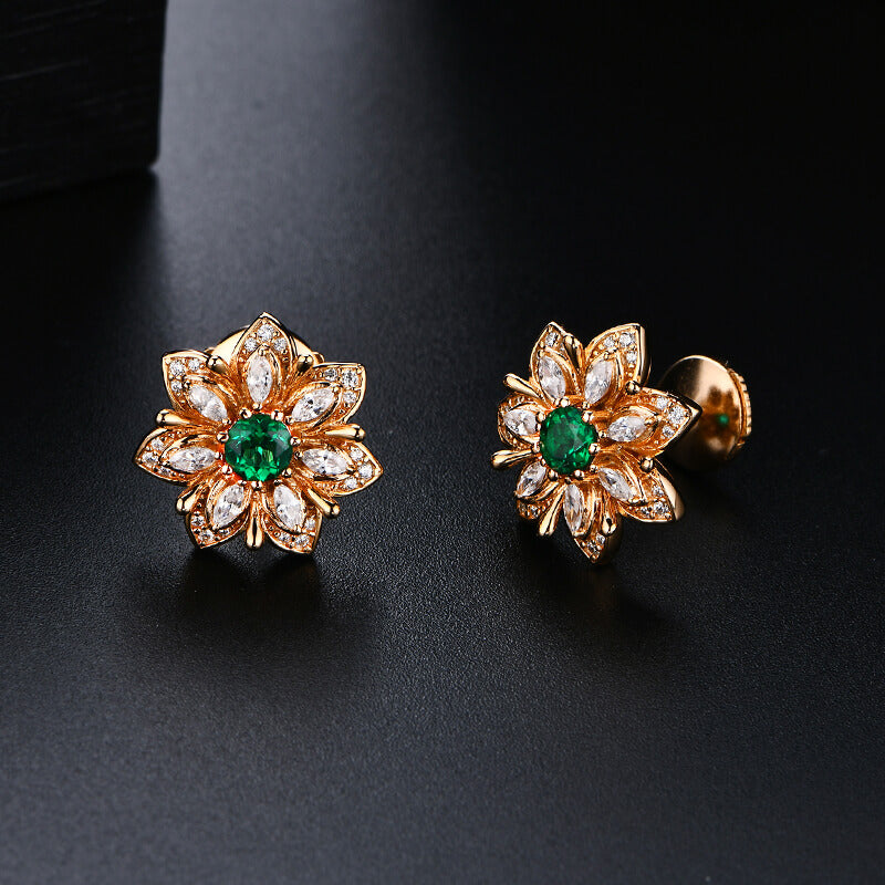 Flower Round Emerald Stud Earrings In Sterling Silver - ReadYourHeart
