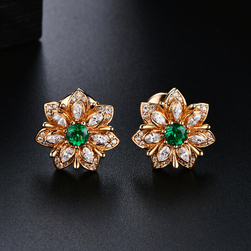 Flower Round Emerald Stud Earrings In Sterling Silver - ReadYourHeart