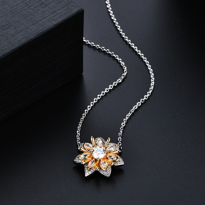 Flower Round Moissanite Two Tone Necklace In Sterling Silver - ReadYourHeart