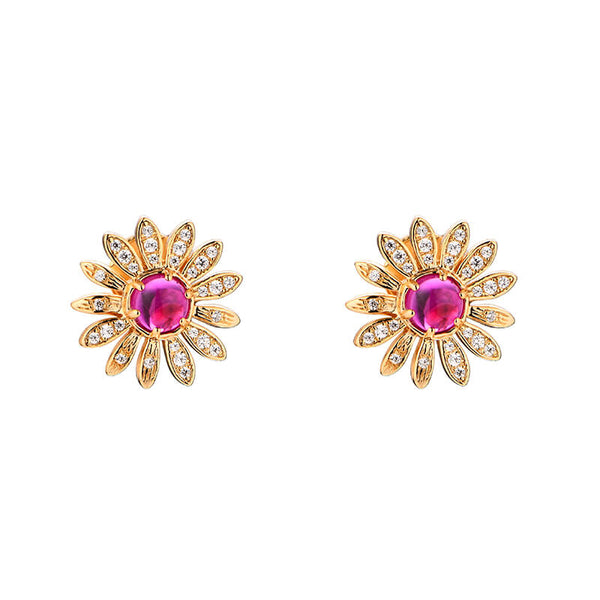 Flower Round Plain Ruby Stud Earrings In Sterling Silver