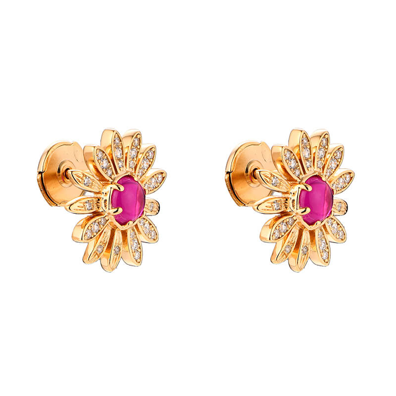 Flower Round Plain Ruby Stud Earrings In Sterling Silver - ReadYourHeart