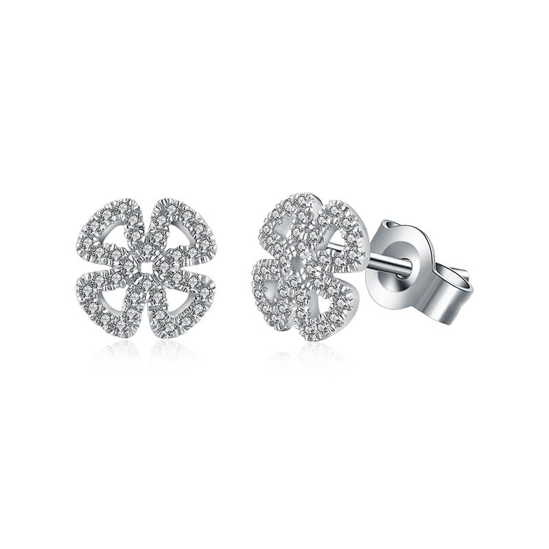 Four Leaf Clover Moissanite Pave Stud Earrings In Sterling Silver - ReadYourHeart