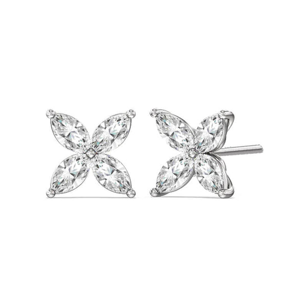 Four Petal Marquise Moissanite Cluster Stud Earrings In Sterling Silver