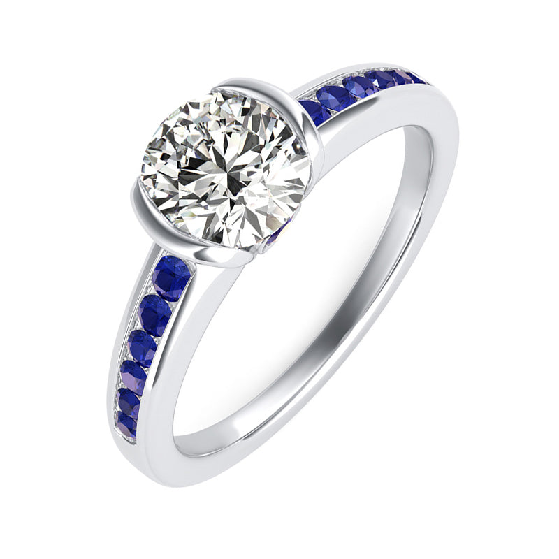 Half Bezel Moissanite With Sapphire Channel Set Engagement Ring - ReadYourHeart
