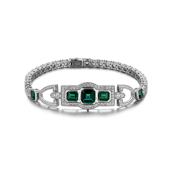 Halo Asscher And Emerald-Cut Emerald Sterling Silver Bracelet