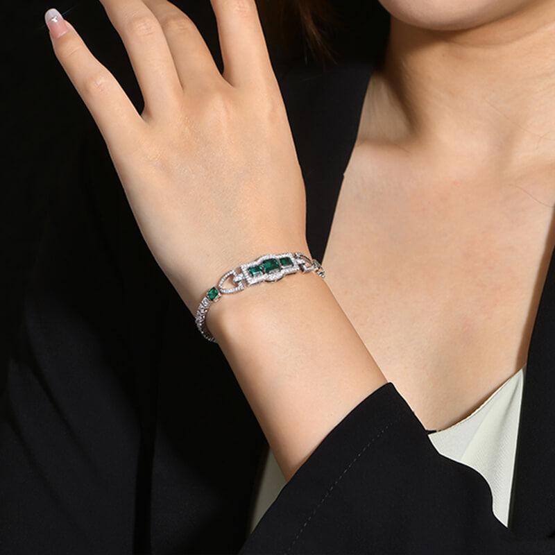 Halo Asscher And Emerald-Cut Emerald Sterling Silver Bracelet - ReadYourHeart
