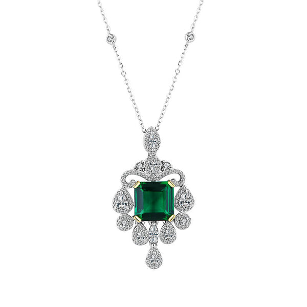 Halo Asscher Emerald Pave Drop Necklace In Sterling Silver