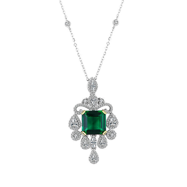 Halo Asscher Emerald Pave Drop Necklace In Sterling Silver - ReadYourHeart