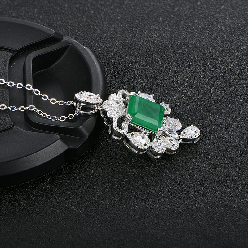 Halo Asscher Emerald Pave Drop Necklace In Sterling Silver - ReadYourHeart