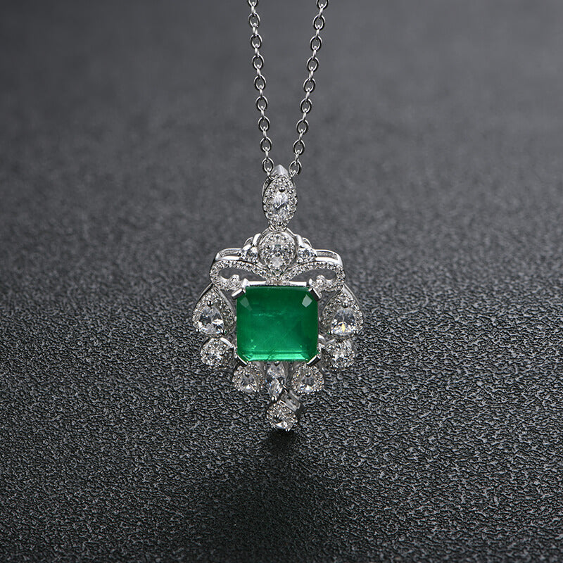 Halo Asscher Emerald Pave Drop Necklace In Sterling Silver - ReadYourHeart