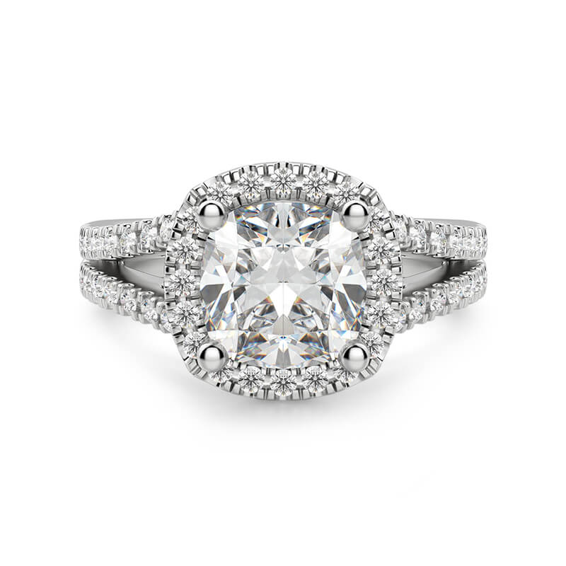 Halo Cushion Cut Moissanite Split Shank Pave Sterling Silver Engagement ...
