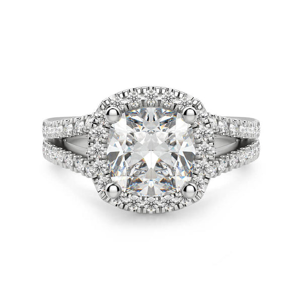 Halo Cushion Cut Moissanite Split Shank Pave Engagement Ring - ReadYourHeart