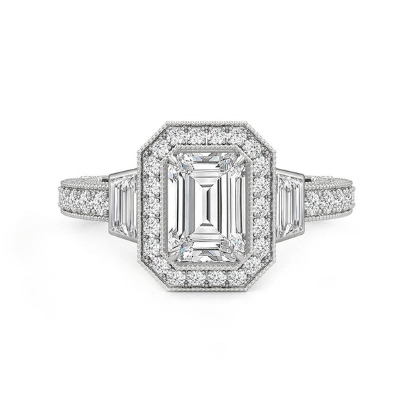 Halo Emerald-Cut Moissanite Milgrain Pave Engagement Ring