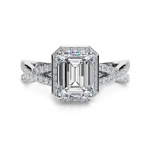 Halo Emerald-Cut Moissanite Twisted Vine Pave Engagement Ring