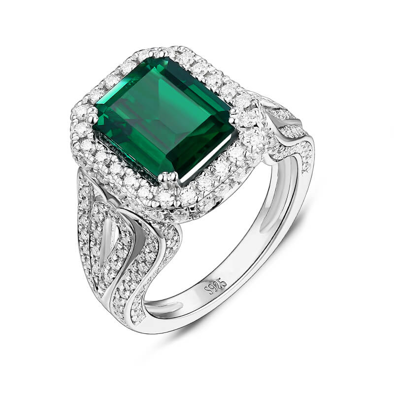 Halo Emerald Triple Split Shank Pave Sterling Silver Ring - ReadYourHeart