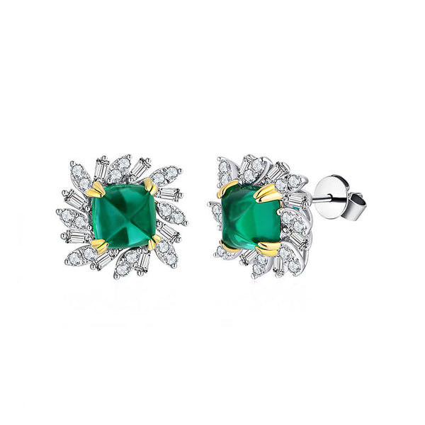 Halo Cushion Cut Emerald Two Tone Stud Earrings In Sterling Silver - ReadYourHeart