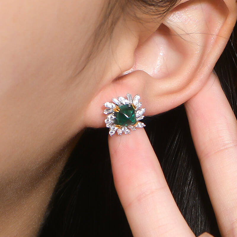 Halo Cushion Cut Emerald Two Tone Stud Earrings In Sterling Silver - ReadYourHeart