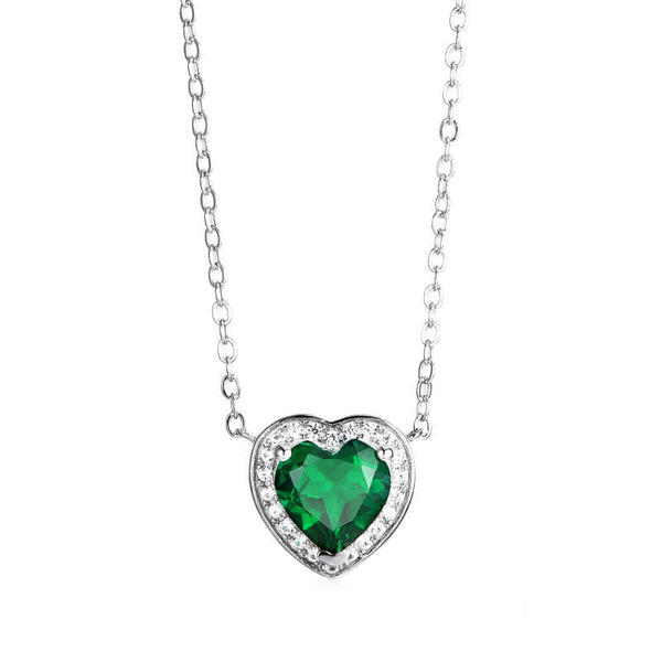 Halo Heart Emerald Necklace In Sterling Silver