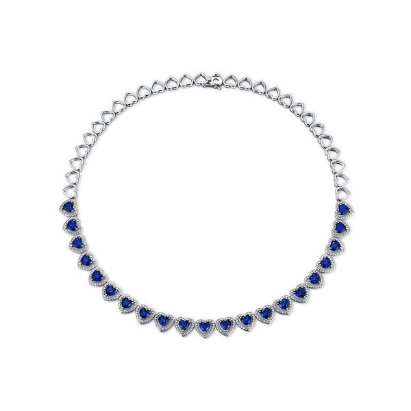 Halo Heart Sapphire Tennis Necklace In Sterling Silver