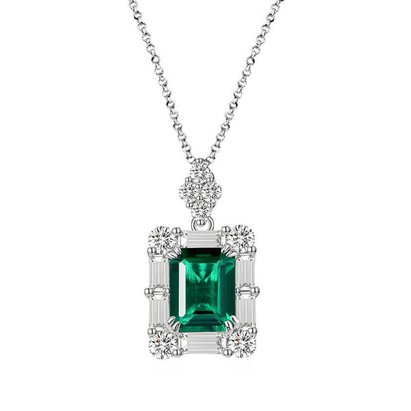 Halo Lab-Created Emerald Baguette Accents Sterling Silver Necklace - ReadYourHeart