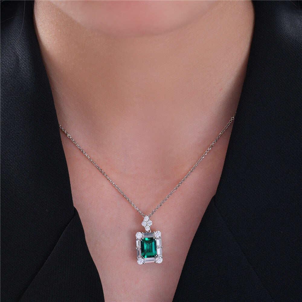 Halo Lab-Created Emerald Baguette Accents Sterling Silver Necklace - ReadYourHeart
