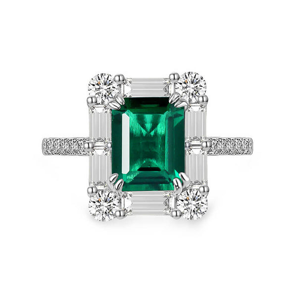 Halo Lab-Created Emerald Baguette Accents Sterling Silver Ring - ReadYourHeart