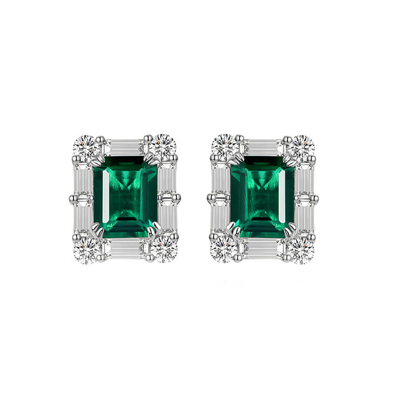 Halo Lab-Created Emerald Baguette Accents Sterling Silver Stud Earrings - ReadYourHeart