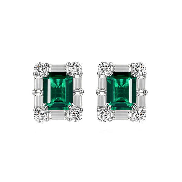 Halo Lab-Created Emerald Baguette Accents Sterling Silver Stud Earrings