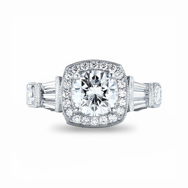 Halo Moissanite Baguette Milgrain Euro Shank Engagement Ring