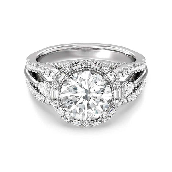 Halo Moissanite Split Shank Triple Row Pave Engagement Ring