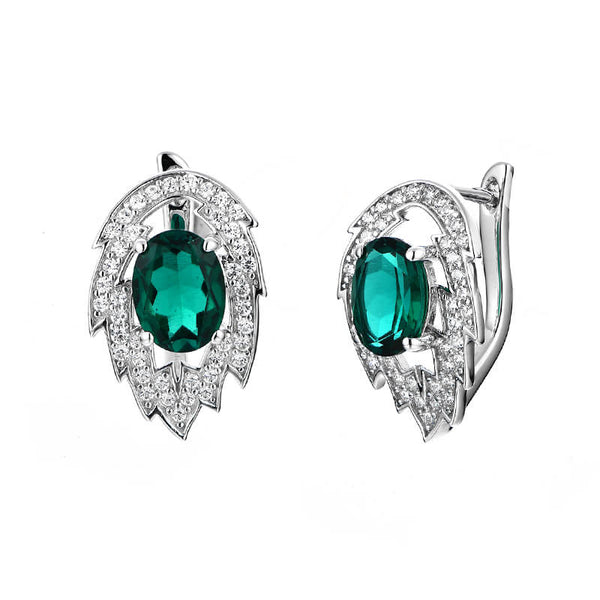 Halo Oval Emerald Leaf Hoop Earrings In Sterling Silver - ReadYourHeart