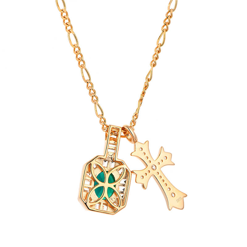 Halo Oval Emerald With Cross Necklace In Sterling Silver - ReadYourHeart
