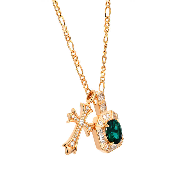Halo Oval Emerald With Cross Necklace In Sterling Silver - ReadYourHeart