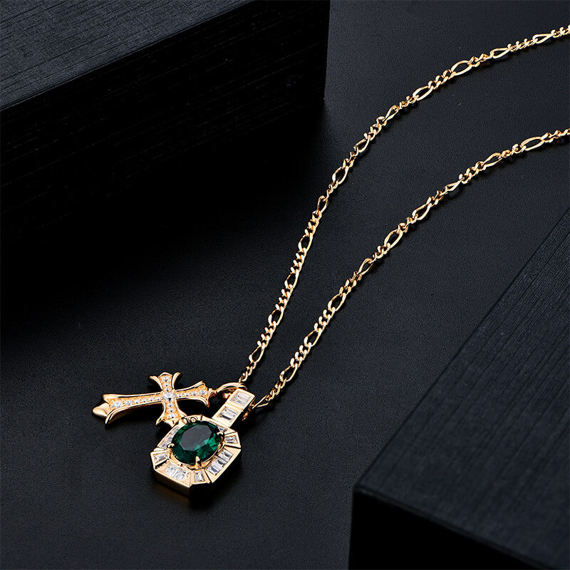 Halo Oval Emerald With Cross Necklace In Sterling Silver - ReadYourHeart